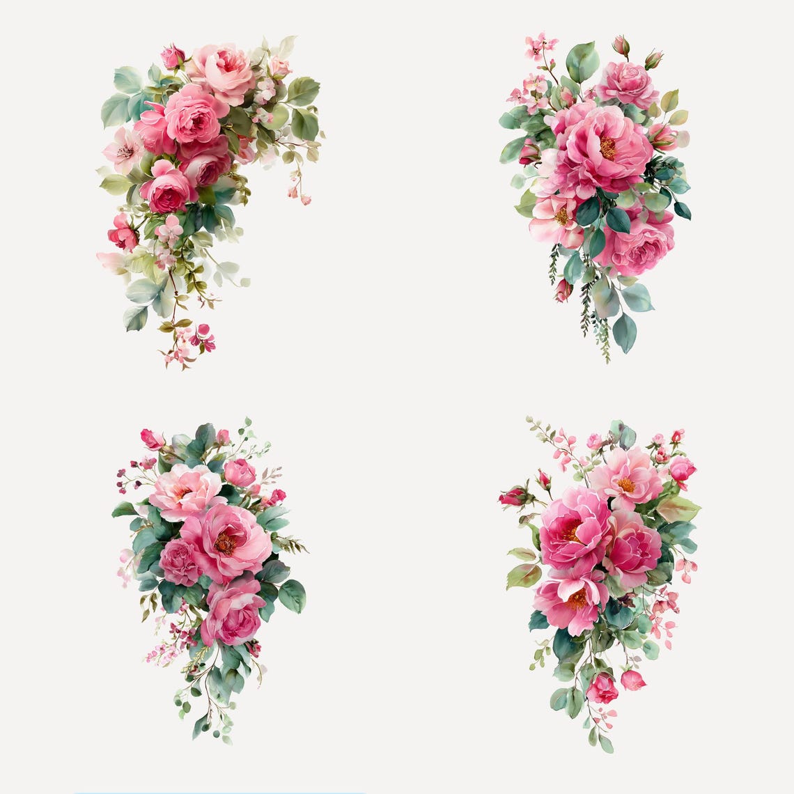 Trailing Roses Drawings Watercolor Hot Pink Roses Floral Clipart Pack | 10 Trailing Flower ...