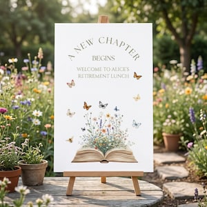 Ein neues Kapitel beginnt Ruhestand Mittagessen 4 Willkommensschilder Canva Vorlagen, Blumenbuch, Wildblumen Schmetterlinge Digital Printable Party Signage