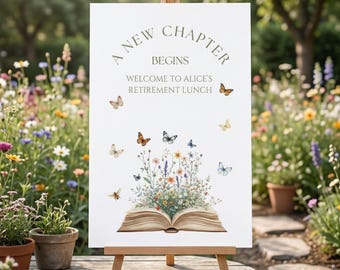 A New Chapter Begins Retirement Lunch 4 Welcome Signs Canva Templates, Floral Book, Wildflowers Butterflies Digital Printable Party Signage