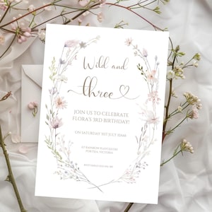 Wild and Three birthday invitation template, wildflowers floral editable 3rd birthday party digital invite, Canva template 5 x 7in printable