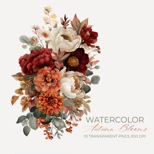 Puede incluir: Ilustración en acuarela de un ramo de flores otoñales en tonos rojos, naranjas y blancos. El arreglo incluye peonías, dalias y bayas, con follaje verde y marrón. El texto "Watercolor Autumn Blooms" se muestra debajo.