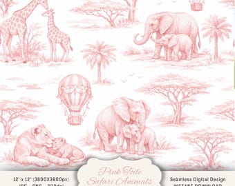 Pink Toile Safari Animals Seamless Pattern 12x12in | Watercolor Nursery Toile De Jouy Digital Paper Mother & Baby Wild Animal Background