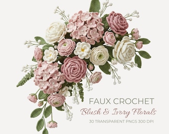 Flores de hilo de crochet falso PNG / 30 imágenes florales de crochet en rosa y marfil / Flores de textura tejida para bodas, manualidades de papel, tarjetas, clipart