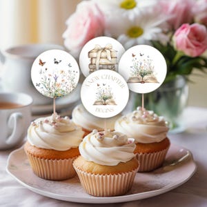 A New Chapter Begins storybook wildflowers & butterflies theme cupcake toppers, set of 12 x 2&quot; digital ready to print cup cake toppers