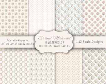 Dollhouse Miniature Patterns 1:12 Scale Shabby Chic Grand Millennial Wallpapers Bundle | Miniature Interior Design Floral Printable Papers