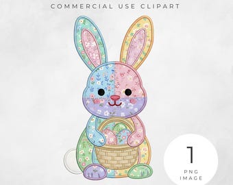 Immagine PNG con coniglietto pasquale floreale ricamato patchwork finto / Immagine di Pasqua con carta da regalo POD con texture di applique con nucleo cottage finto