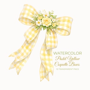 Op de afbeelding: Waterverfillustratie van een pastelgele ruitjesstrik versierd met gele rozen en madeliefjes. De strik heeft lange, vloeiende linten. De tekst luidt "Watercolor Pastel Yellow Coquette Bows".