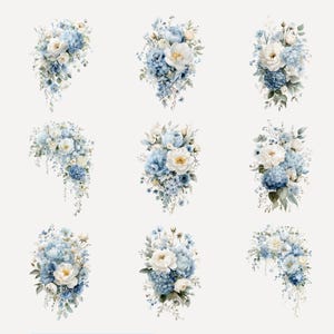 Peut inclure: Neuf compositions florales &agrave; l'aquarelle avec des fleurs blanches et bleues, dont des roses et des hortensias, avec un feuillage vert. Les bouquets sont dispos&eacute;s en diff&eacute;rentes formes, parfaits pour les invitations de mariage.