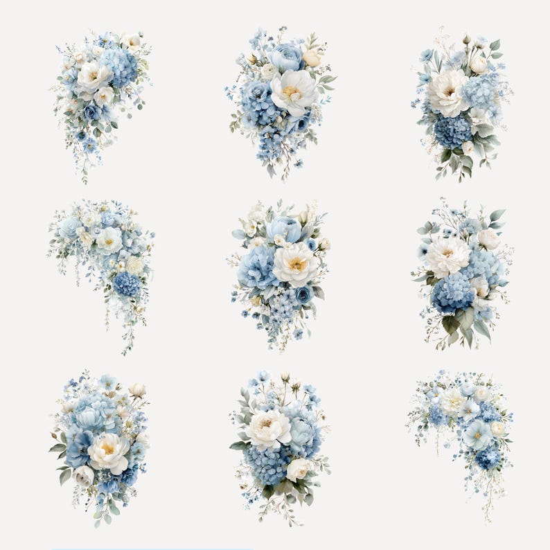 Peut inclure: Neuf compositions florales &agrave; l'aquarelle avec des fleurs blanches et bleues, dont des roses et des hortensias, avec un feuillage vert. Les bouquets sont dispos&eacute;s en diff&eacute;rentes formes, parfaits pour les invitations de mariage.