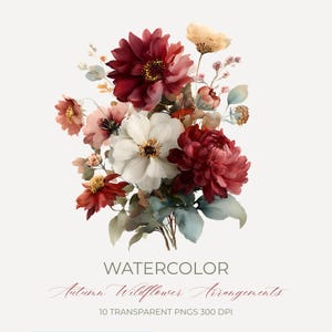 Watercolor Autumn Wildflower Burgundy Floral Bouquet Clipart | 10 Fall Flower Arrangements Pngs | Wedding Baby Shower Botanical Flowers