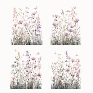 May include: Watercolour illustrations of wildflowers in pink, purple, and white, with green grass and butterflies. The images are arranged in a square format, showcasing a variety of floral arrangements.