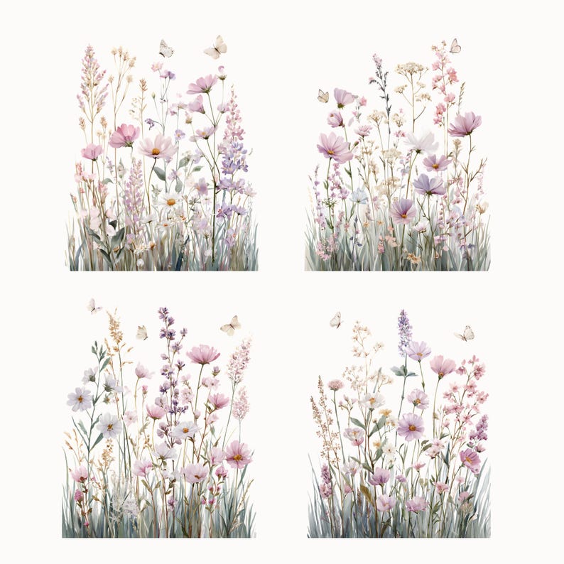 May include: Watercolour illustrations of wildflowers in pink, purple, and white, with green grass and butterflies. The images are arranged in a square format, showcasing a variety of floral arrangements.
