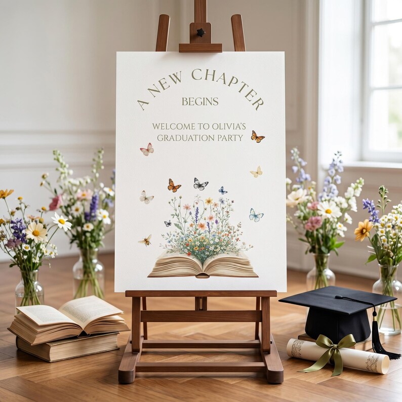 May include: A graduation party sign on a wooden easel. The sign reads "A New Chapter Begins" and "Welcome to Olivia's Graduation Party." Butterflies and flowers decorate the sign. A graduation cap and diploma are on the floor.