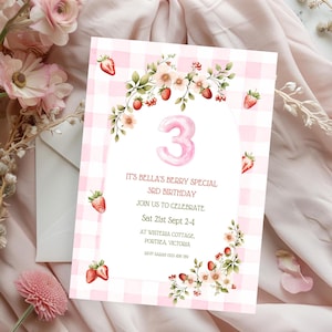 Berry Special 3rd Birthday gingham strawberry personalized digital party invitation, INSTANT DOWNLOAD editable Canva template 5 x 7in print