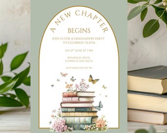 A New Chapter Begins Graduation Invitation Canva Template. Watercolor Wildflowers, Books & Butterflies Digital Grad Party Printable Invite