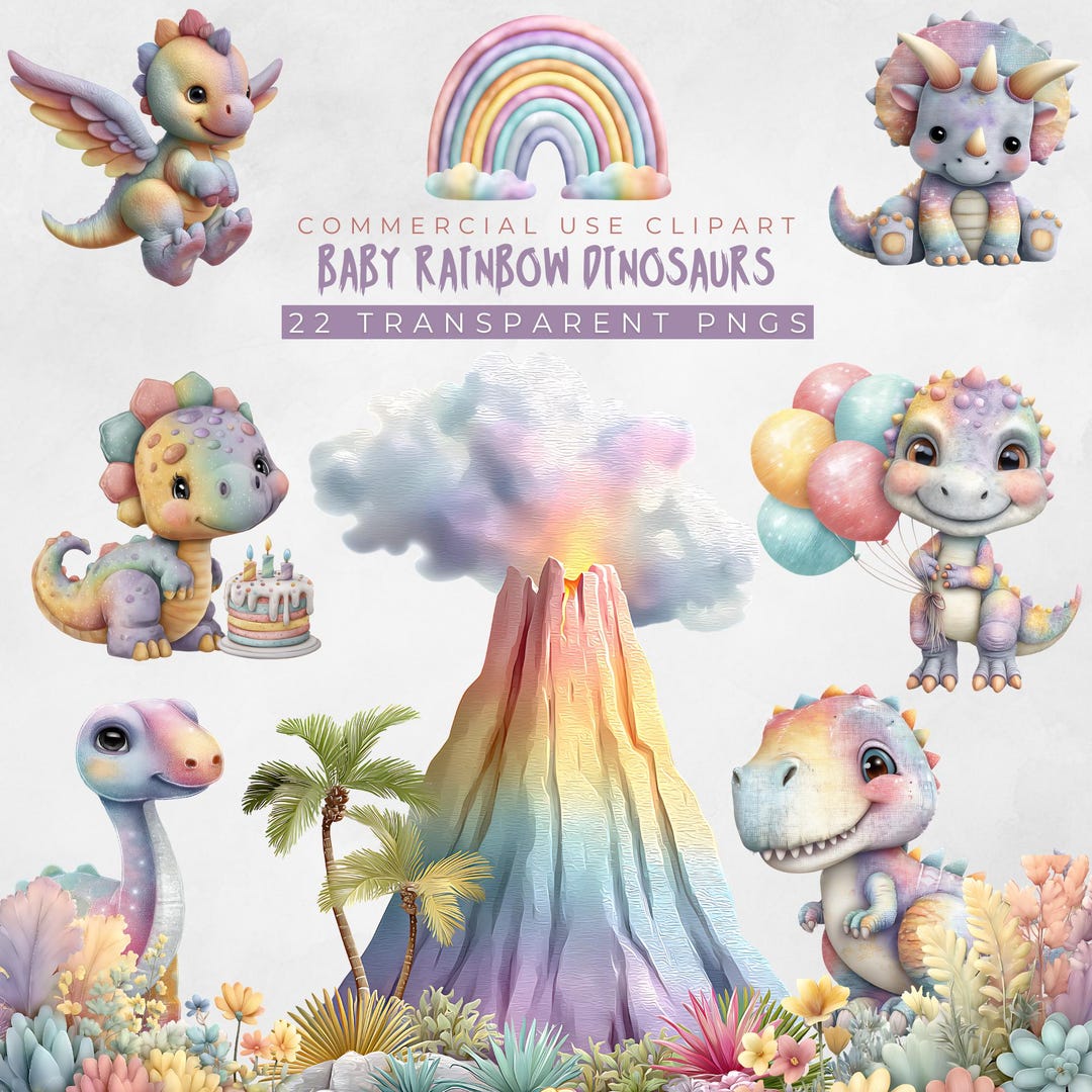 Rainbow Dinosaurs Pastel Watercolor Clipart Pack, Colorful Baby ...