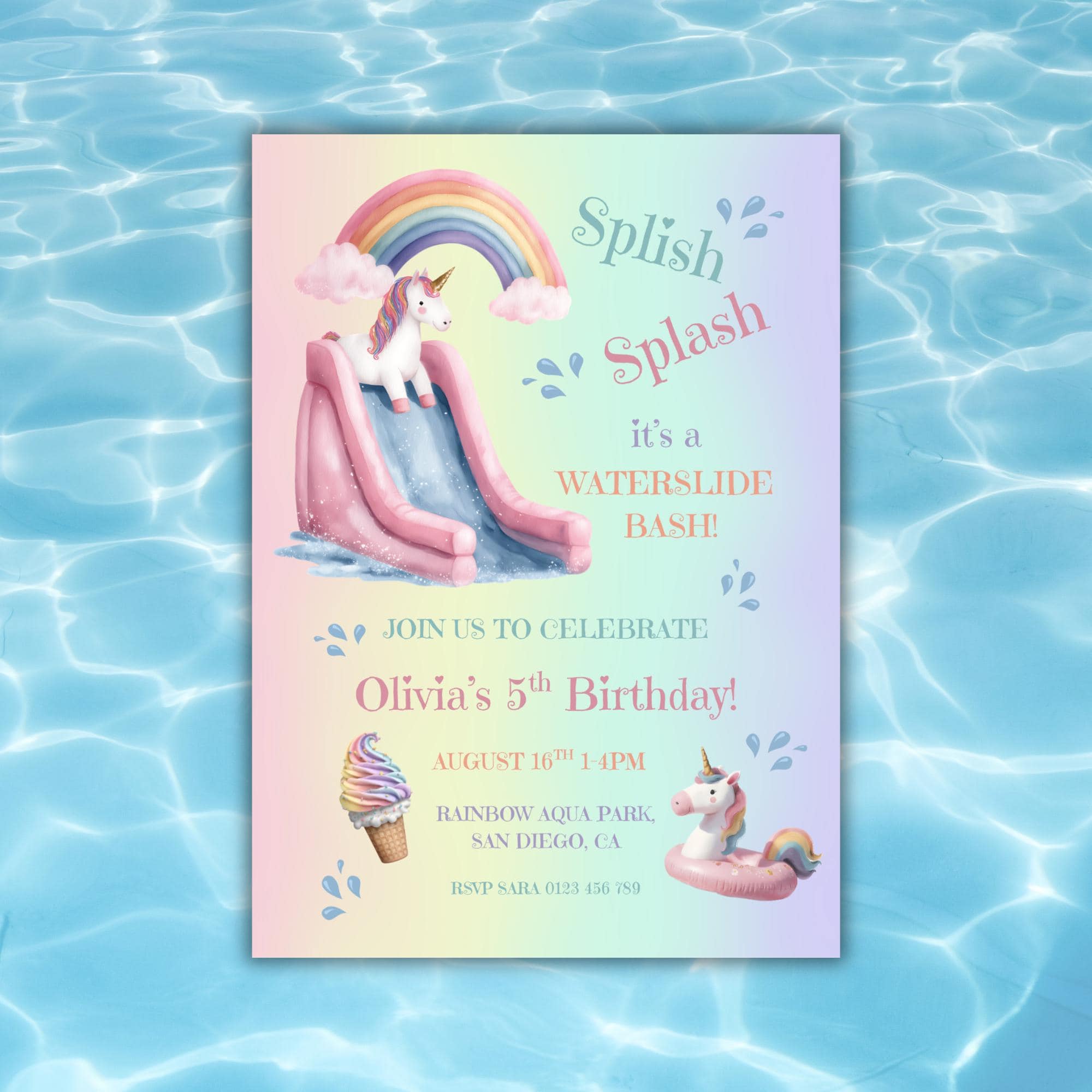 Modello di invito per festa di compleanno in piscina con scivolo acquatico unicorno Canva, invito per festa in piscina con scivolo acquatico unicorno