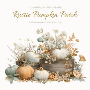 Puede incluir: Ilustración en acuarela de un campo de calabazas rústico con calabazas en tonos naranja, blanco y verde. Las calabazas están rodeadas de flores y follaje. El texto "Rustic Pumpkin Patch" está en la parte superior.