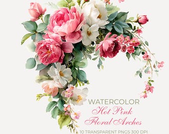 Watercolor Hot Pink Roses Floral Clipart Pack | 10 Trailing Arches Flower Bouquets Pngs Botanical Wedding Baby Shower Papercraft Flowers