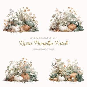 May include: Watercolor illustration of a rustic pumpkin patch with various pumpkins in shades of orange, white, and green, surrounded by flowers and foliage. The text "Rustic Pumpkin Patch" is displayed.