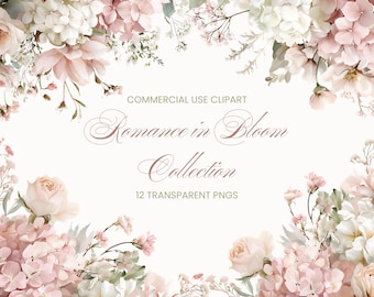 Puede incluir: Diseño floral con flores rosas, blancas y verdes. El texto "Romance in Bloom Collection" está en una elegante escritura, con "Commercial Use Clipart" y "12 Transparent PNGs". La estética general es suave y romántica.