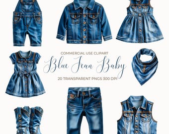 Blue Jean Baby Clipart | Watercolor Denim Baby Boy & Girl Clothes | 20 Baby Denim Clothing Clipart Pngs | Baby Shower Junk Journal Clipart
