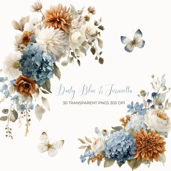 Watercolor Dusty Blue & Terracotta Flowers Clipart Pack | Dusty Blue And Burnt Orange Floral Clipart | 30 Botanical Floral Arrangements PNGs