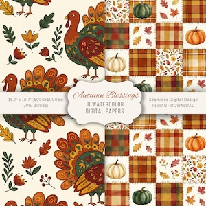 May include: Digital paper set featuring autumn-themed designs. The set includes patterns with turkeys, pumpkins, and fall leaves in warm colors. The text "Autumn Blessings" and "8 Watercolor Digital Papers" is visible. The image dimensions are 16.7" x 16.7".