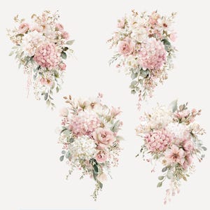 May include: Four watercolor bouquets featuring a variety of flowers in shades of pink, white, and green. The bouquets include hydrangeas, roses, and other floral elements, arranged in a cascading style against a white background.