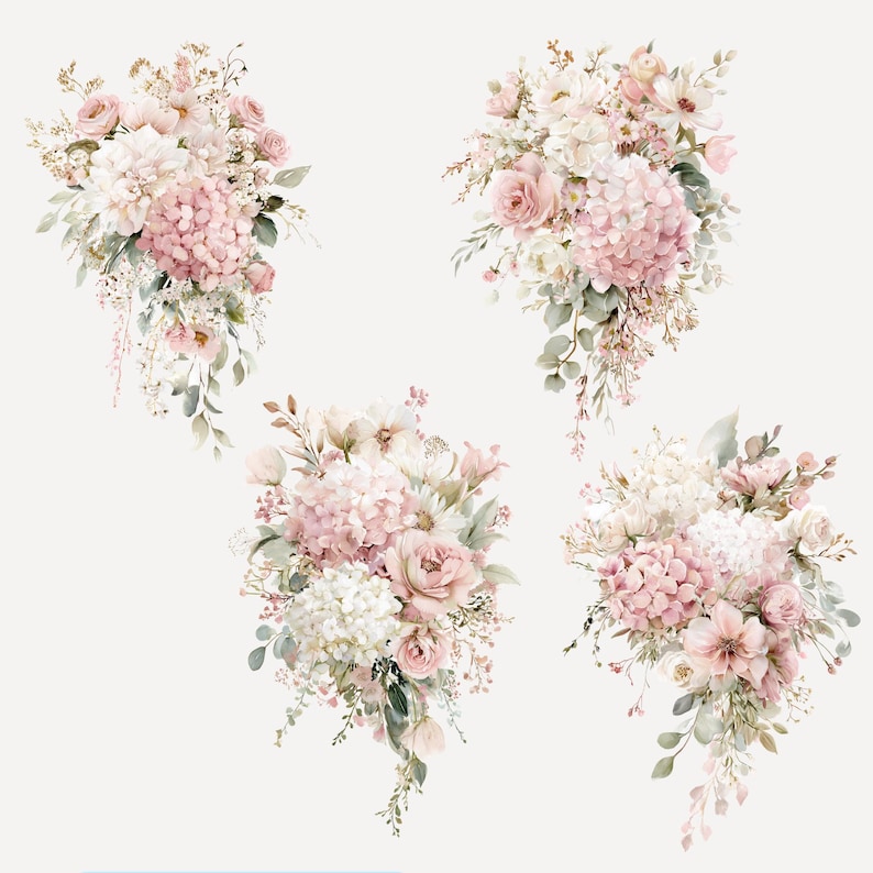 May include: Four watercolor bouquets featuring a variety of flowers in shades of pink, white, and green. The bouquets include hydrangeas, roses, and other floral elements, arranged in a cascading style against a white background.