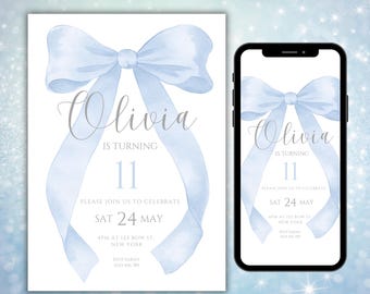Blue Bow 11th Birthday Party Invitation Canva Templates | Coquette Bow Editable Evite Age 11 | Girl Eleven Bow Mobile And Printable Invite