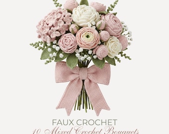 Imágenes prediseñadas PNG de ramos de flores / Hilo de ganchillo sintético 10 imágenes florales de ganchillo mixtas / Textura de punto para manualidades en papel (no es un patrón)