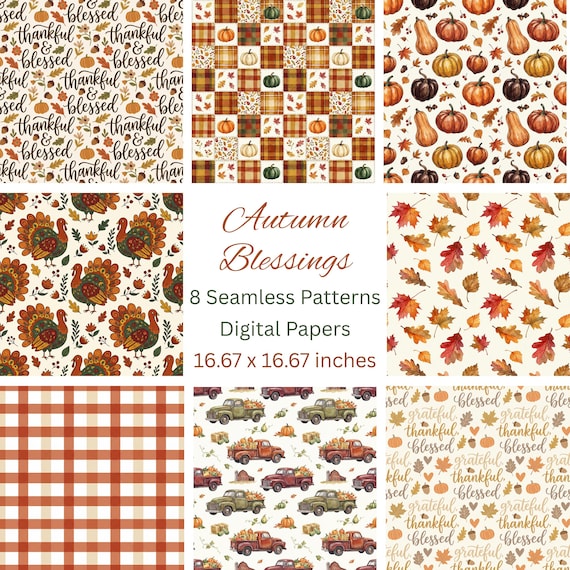 Autumn Thanksgiving Seamless Patterns Bundle, Fall Digital Papers, Watercolor Gingham Patchwork Turkeys Leaves Pumpkins Typography 8 JPGs