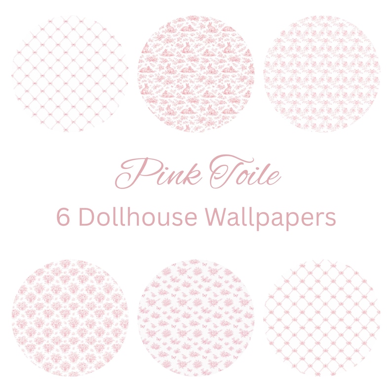 1:12 Scale Dollhouse Pink Toile Wallpaper Bundle | French Country Cottage Maileg Mouse Room Decor | 6 Miniature Wallpapers Instant Download image 5
