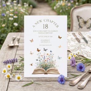 May include: A white rectangular birthday invitation card featuring the text A NEW CHAPTER 18, JOIN US FOR A PARTY TO CELEBRATE ISABELLA'S BIRTHDAY, SAT 21ST JUNE AT 7PM, 123 FLOWER ST. SAN DIEGO, CA, RSVP SARAH 0123.456.789, and an open book with wildflowers.