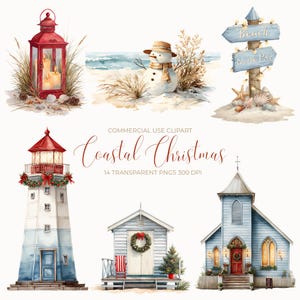 Peut inclure: Ensemble de cliparts aquarelle sur le thème de Noël côtier. Comprend une lanterne rouge avec des bougies, un bonhomme de neige sur une plage, un poteau indicateur, un phare, une cabane de plage et une église. Le texte "Coastal Christmas" est également inclus.