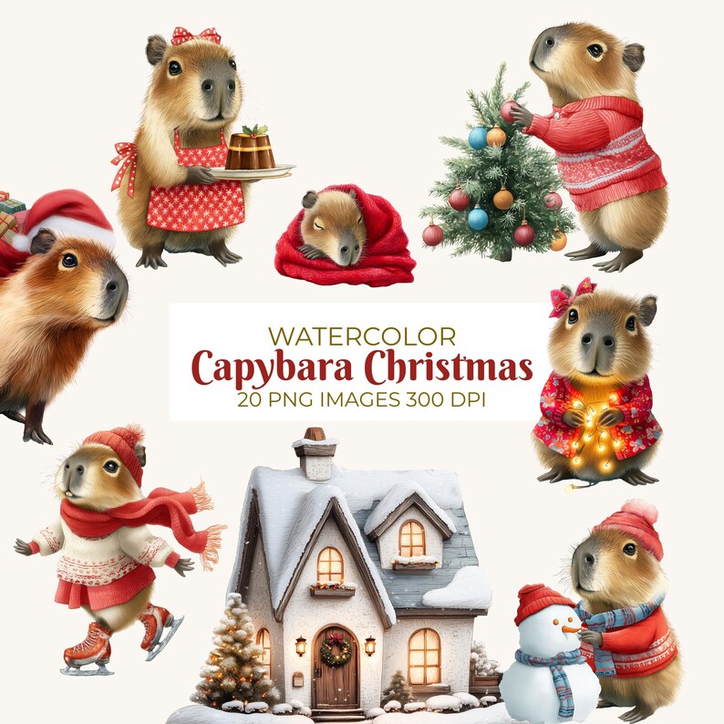 Watercolor Capybara Christmas Clipart | 20 Storybook Winter Holiday ...