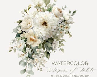 May include: Watercolor illustration of a bouquet of white flowers with green leaves. The bouquet includes roses, hydrangeas, and other blossoms. The text "WATERCOLOR Whispers of White" is displayed below the flowers.