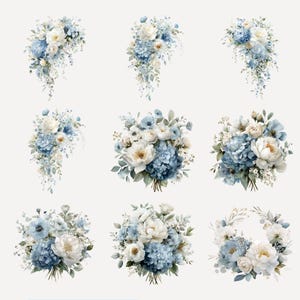 Peut inclure: Neuf arrangements floraux &agrave; l'aquarelle avec des fleurs blanches et bleues, dont des hortensias et des pivoines. Les bouquets varient en forme, certains en cascade et d'autres ronds. Sur fond blanc uni.