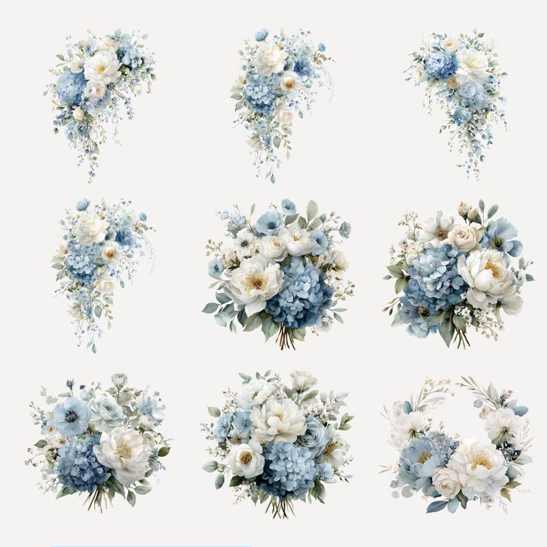Peut inclure: Neuf arrangements floraux &agrave; l'aquarelle avec des fleurs blanches et bleues, dont des hortensias et des pivoines. Les bouquets varient en forme, certains en cascade et d'autres ronds. Sur fond blanc uni.