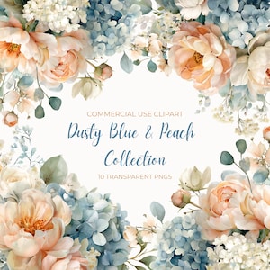 Staubig Blau & Pfirsich Aquarell Clipart Paket, Hortensien und Pfingstrosen 10 Blumenstrauß Arrangements Transparente PNGs, Hochzeitsblumen Clipart