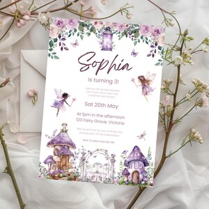 Fairy birthday invitation template, lilac Fairy girl&#39;s birthday party digital invite, editable Canva template 5 x 7in printable, fairy party