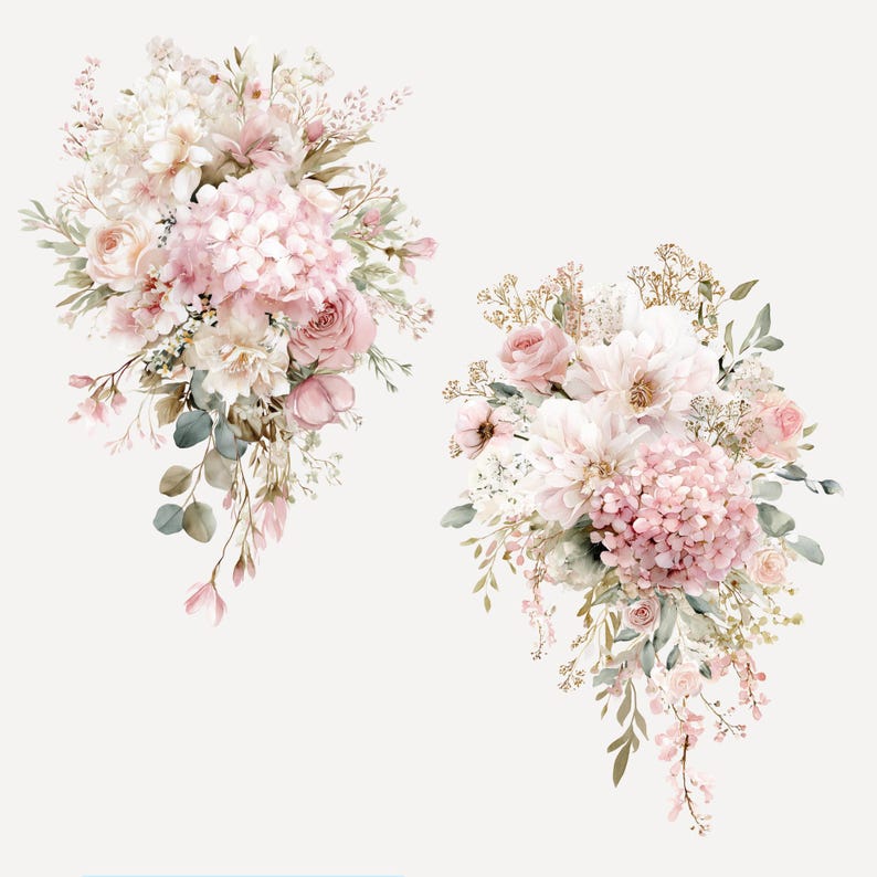 May include: Two watercolor floral arrangements featuring pink and white roses, hydrangeas, and other flowers with green and gray foliage. The bouquets have a soft, romantic aesthetic, perfect for wedding invitations or other designs.