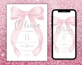 Pink Bow Age 11 Birthday Party Invitation Canva Templates | Coquette Bow Editable Evite Age 11 | Girl Age 11 Bow Phone And Printable Invites