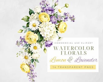 Watercolor Lemon & Lavender Floral Clipart Pack | 14 Flower Arrangements Pngs | Planners Wedding Baby Shower Junk Journal Papercraft Flowers