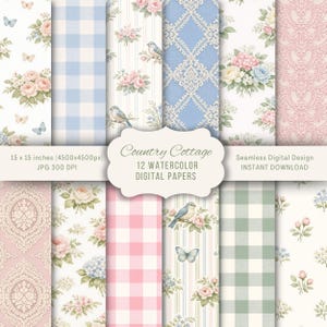 Grandmillennial sömlösa mönster, 12 digitala blommiga papper 15x15", akvarell gingham spetsbakgrunder i cottagecore, shabby chic-blommor