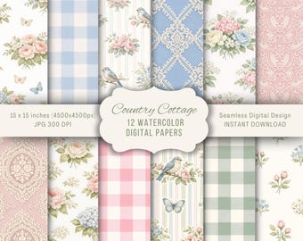 Grandmillennial Seamless Patterns, 12 Floral Digital Papers 15x15", Watercolor Gingham Lace Cottagecore Backgrounds, Shabby Chic Flowers