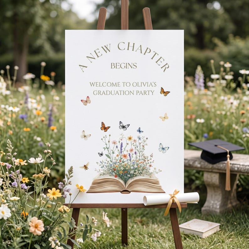 May include: A white graduation party sign on a wooden easel. The sign reads "A New Chapter Begins" and "Welcome to Olivia's Graduation Party." Butterflies and flowers decorate the sign. A graduation cap and diploma are nearby.
