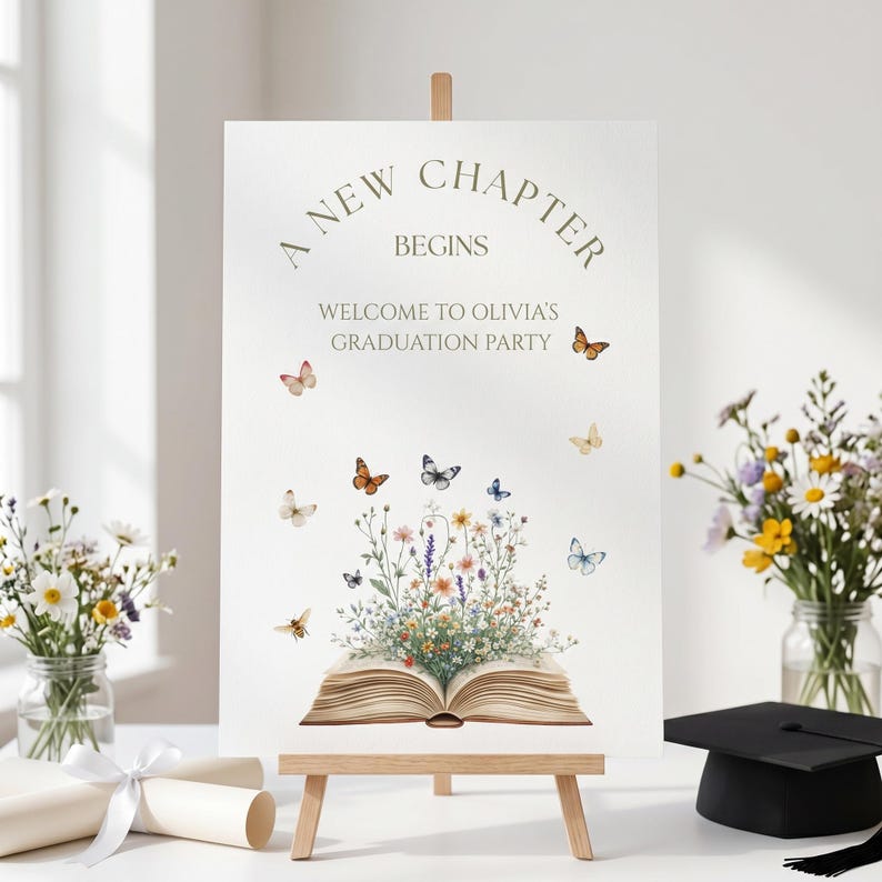 May include: A graduation party sign on a wooden easel. The sign reads "A New Chapter Begins" and "Welcome to Olivia's Graduation Party." Butterflies and a floral arrangement above an open book decorate the sign. A graduation cap sits on a table.