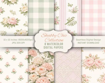 Grandmillennial Seamless Patterns, Shabby Chic Floral Digital Papers, Watercolor Cottagecore Gingham Lace Flower POD Scrapbook Backgrounds